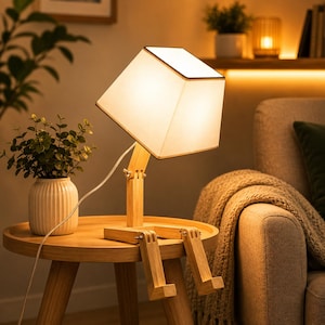 May include: A wooden table lamp with a square lampshade and a unique design. The lamp has a light-colored wooden frame and a white lampshade. The lamp is sitting on a round wooden table. The lamp's legs are designed to look like they are sitting on the table.