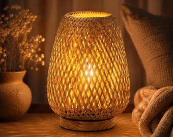 Boho Bedside Lamp | Rattan Table Lamp | Warm Ambient Night Light | Woven Bamboo Lamp for Bedroom Decor & Cozy Room Lighting