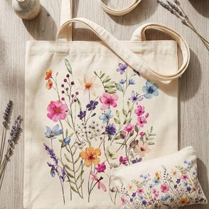 Canvas Tote Bag with Zipper, Floral Tote Bag for Women, Eco Friendly Shoulder Bag, Matching Makeup Pouch, Laptop Tote Gift for Her