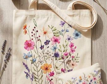 Canvas Tote Bag with Zipper, Floral Tote Bag for Women, Eco Friendly Shoulder Bag, Matching Makeup Pouch, Laptop Tote Gift for Her