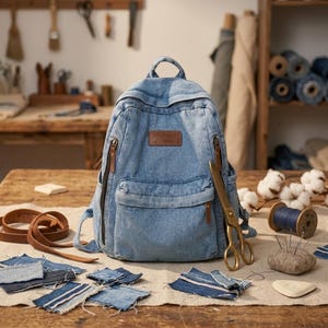 May include: A light blue denim backpack featuring a brown leather-look rectangular patch with text on the front, a top handle, adjustable shoulder straps, and a front zipped pocket, accented with brown leather zip pulls and metal hardware.