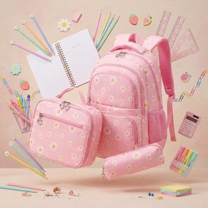 Può includere: Un set composto da zaino, borsa per il pranzo e astuccio rosa con motivo a margherite bianche. Il set è circondato da materiale scolastico tra cui un quaderno a spirale, matite colorate, una calcolatrice, evidenziatori, righelli e graffette.