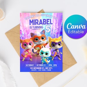 May include: A vibrant birthday invitation with cartoon superhero kittens. The invitation says "Calling All Superkitties" and "Mirabel is Turning 5." Includes event details and a "Canva Editable" logo.