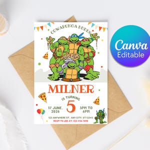 May include: A birthday party invitation featuring the Teenage Mutant Ninja Turtles. The invitation includes the text "Cowabunga Dudes" and "Milner is turning 5". The invitation is on a white background with colorful accents and a brown envelope.