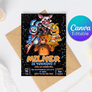 Puede incluir: Tarjeta de invitación negra con personajes de dibujos animados de una serie de videojuegos, con el texto "MILNER IS TURNING 7". La tarjeta incluye detalles del evento y un logotipo "Canva Editable".