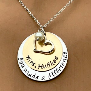 Personalized Teacher Necklace: Stainless Steel, Gold Disk, Heart Charm