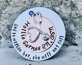 Personalized RN Graduation Pin: Stethoscope Charm, Swarovski Crystal