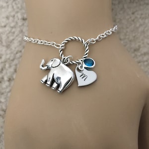 Personalized Elephant Bracelet: Initial Birthstone Charm, Gift for Mom