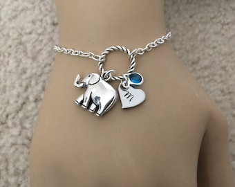 Personalized Elephant Bracelet: Initial Birthstone Charm, Gift for Mom