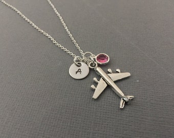 Monogram Airplane Necklace, Initial Charm, Pilot Gift