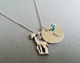 Hand Stamped Initial Giraffe Necklace: Stainless Steel Charm, Birthstone Crystal