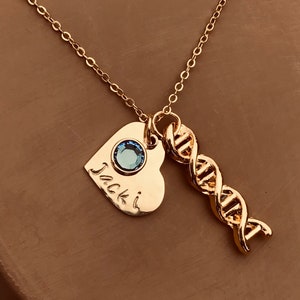 Rose Gold DNA Necklace: Personalized Heart Charm & Birthstone