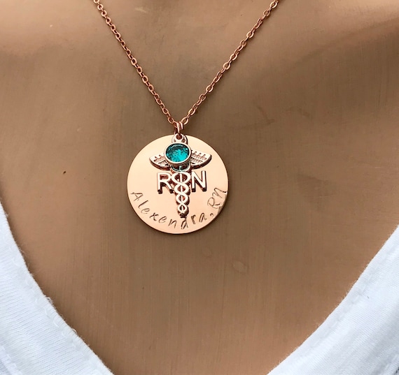 Personalized Rose Gold Nurse Necklace: Swarovski Birthstone RN Gift