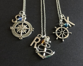 BFF Necklace for 3: Sterling Silver Anchor, Compass, Rudder - Personalized Initial Charm