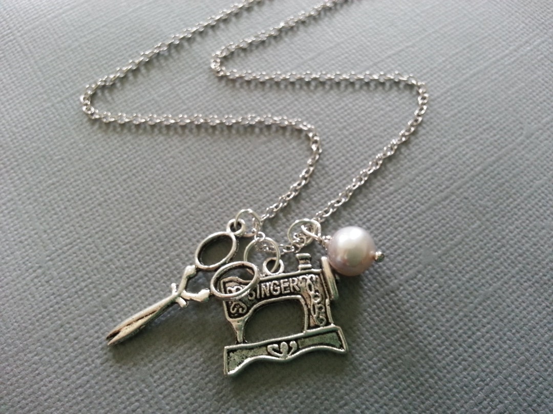 Sewing Machine Necklacescissors and Peach Fresh Water Beads Necklace