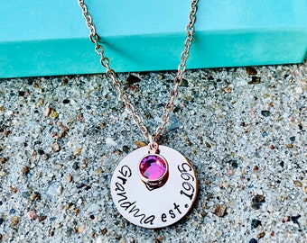 Personalized Grandma Necklace: Rose Gold Disc, Birthstone Charm