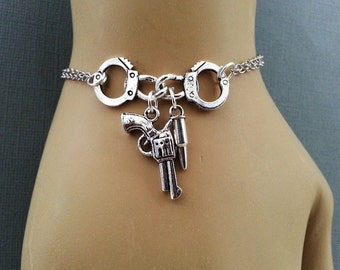 Handcuff Bracelet! with Gun&Bullet Hanging