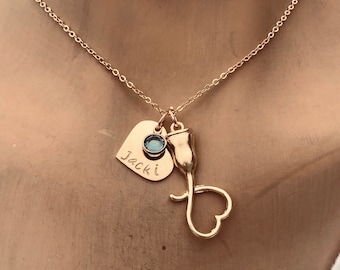 Rose Gold Sonographer Necklace: Ultrasound Wand, Personalized Heart & Birthstone