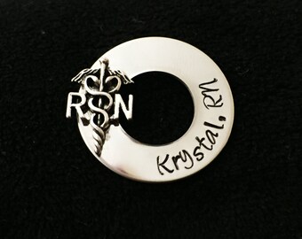 Hand Stamped RN LPN Pin, Stainless Steel Nurse Caduceus Charm