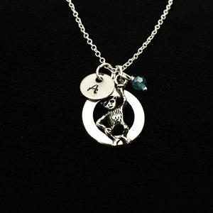 Antique Silver Monkey Necklace: Personalized Initial, Birthstone Charm