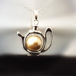 Cream Pearl Teapot Pendant: Sterling Silver Necklace, Gift for Tea Lovers