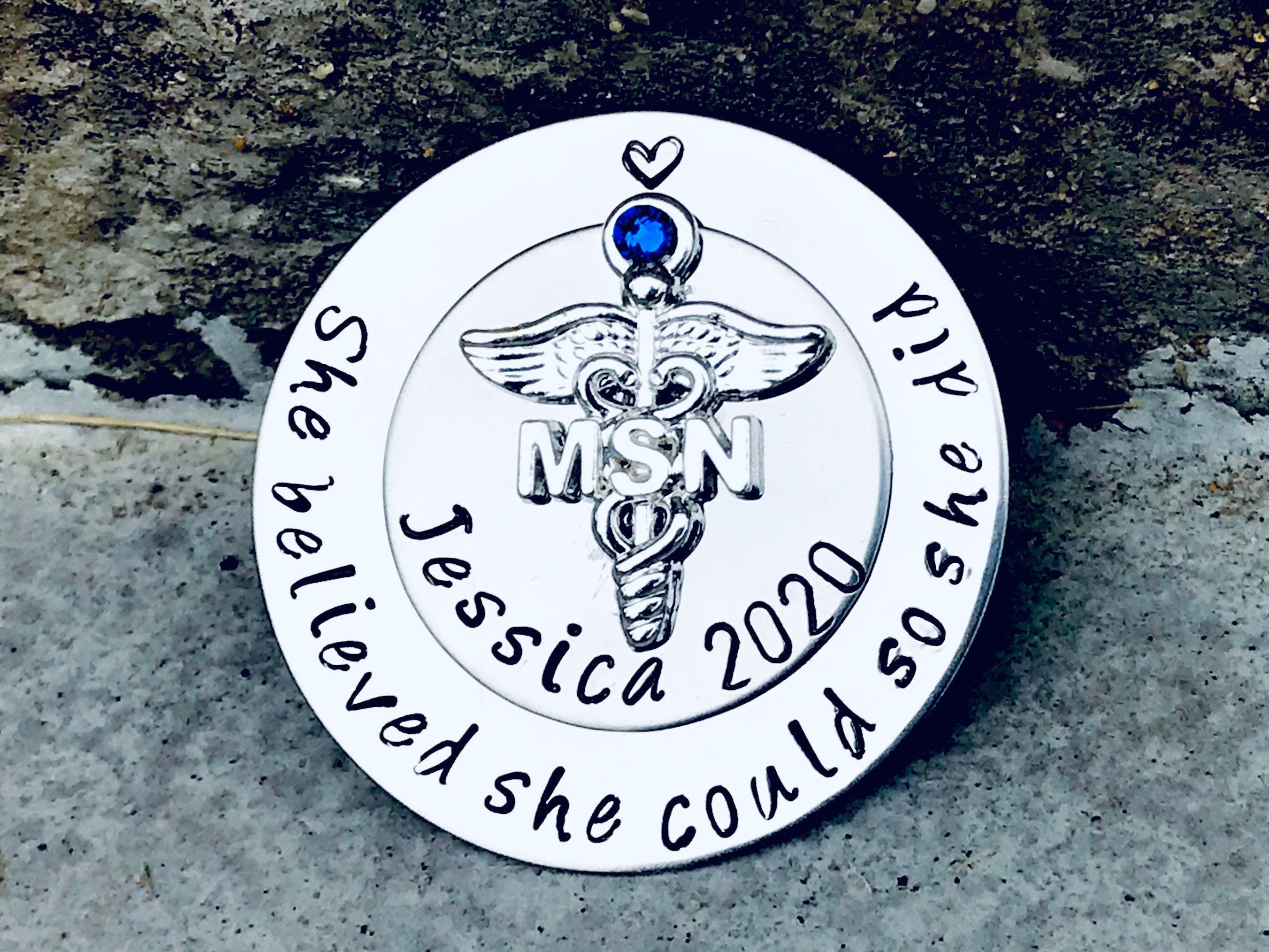 Personalized MSN Nurse Pin: Hand Stamped Stainless Steel Pinning Ceremony Gift