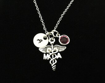 Hand Stamped MA Caduceus Necklace: Personalized Initial & Birthstone