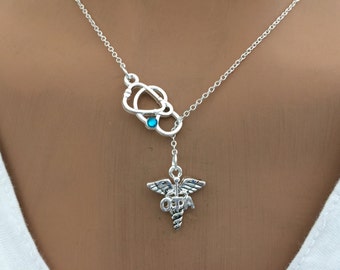 OTA Occupational Therapist Assistant Necklace: Stethoscope, Swarovski Birthstone, Sterling Silver