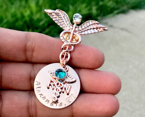 Personalized Rose Gold RN Pin: Swarovski Birthstone Charm