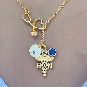 Gold RN Medical Caduceus Personalized Necklace Gold Heart - Etsy