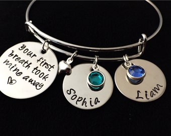 Hand stamped Bangle Bracelet, Charm Bracelet, Adjustable Bangle, Mother Bracelet,  Adjustable Bracelet, Mom Bracelet, Birthstone Bracelet