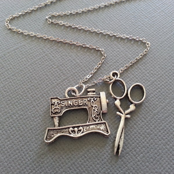 The Sewer's Necklace - Sewing Machine and Scissors in Antique Silver Necklace -sewing machine Necklace - stitching  jewelry - Sewing Jewelry