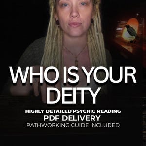 Può includere: Un grafico digitale con una persona dai dreadlock biondi e il testo bianco WHO IS YOUR DEITY, HIGHLY DETAILED PSYCHIC READING, PDF DELIVERY, PATHWORKING GUIDE INCLUDED. Una piccola statuetta di corvo poggia su una lampada arancione.