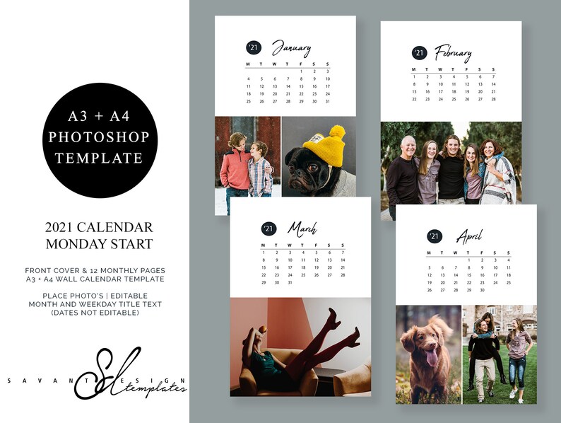 Photoshop Calendar Template 2023 2021 Wall Calendar Template A3 A4 Monday Start Etsy