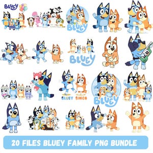 May include: A collection of PNG files featuring cartoon images of the Bluey family and friends. The images include Bluey, Bingo, and other characters in various poses and settings. The text at the bottom reads "20 FILES BLUEY FAMILY PNG BUNDLE."