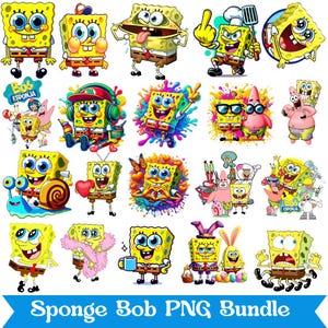 Może przedstawiać: Kolekcja kolorowych obrazów PNG SpongeBob Kanciastoporty. Obrazy przedstawiają SpongeBoba w różnych pozach i strojach, niektóre obrazy zawierają inne postacie. Tekst "Sponge Bob PNG Bundle" znajduje się na dole.