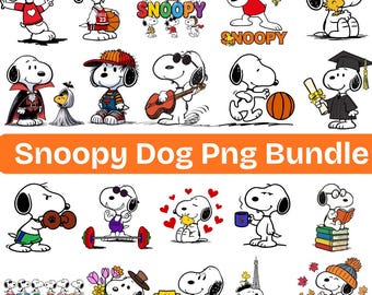 May include: A collection of Snoopy dog PNG images in various poses and outfits. Snoopy is depicted wearing sunglasses, playing basketball, dressed as a vampire, and more. The text "Snoopy Dog Png Bundle" is displayed in orange.