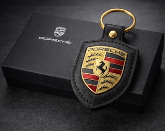 Porsche Leather Crest Keychain: Black, Genuine Leather, Made in Germany