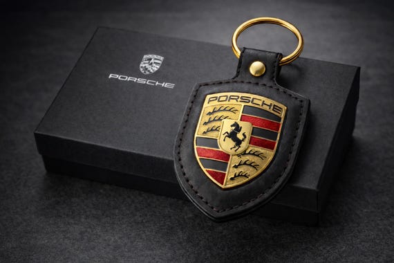 Porsche Leather Crest Keychain: Black, Genuine Leather, Made in Germany