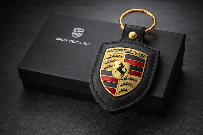 Luxury Porsche black keychain presented in a premium gift box, designed for car enthusiasts and lovers of sleek automotive accessories. This elegant key chain features a refined black finish that captures a modern sophisticated look while reflecting the prestige and performance-inspired style associated with luxury driving culture. Crafted for everyday use it offers both durability and timeless appeal, making it a standout accessory for keys, bags, or collector displays. Proudly made in Germany,