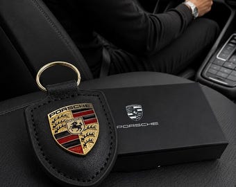 AUTH Porsche Genuine Crest Leather Keychain Luxury Car Key Ring Accessory