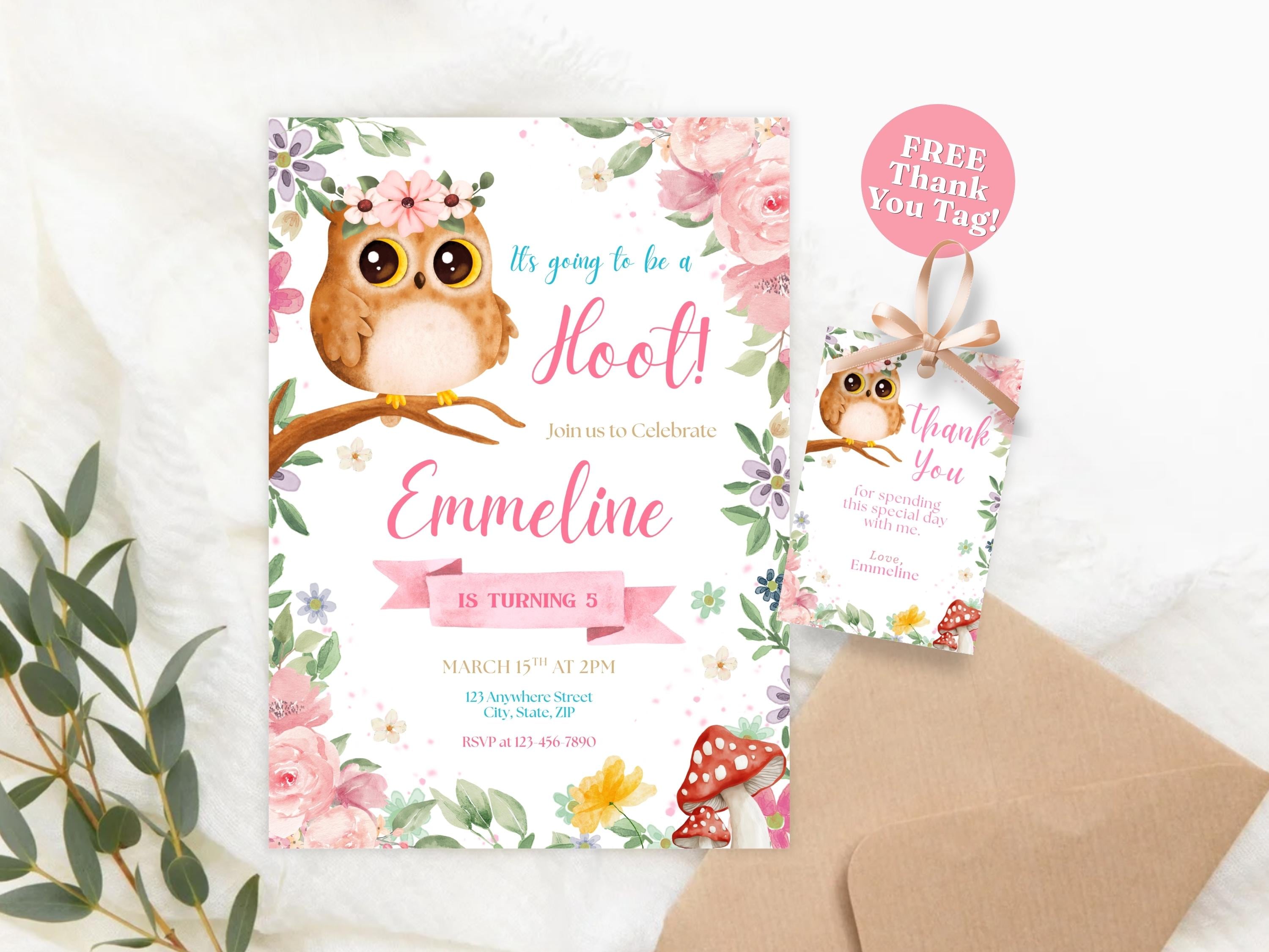 Owl Birthday Invitation Editable Template, Cute Woodland Owl Party Invite for Kids, Printable Forest