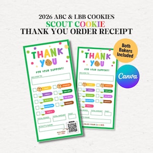 Editable Girl Scout Cookies Receipt, Cookies Thank You Cards with QR Code Reorder Slip for LBB and ABC Bakers (Instant Download)