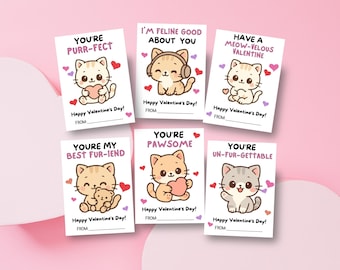 Tarjetas de San Valentín con gatos / San Valentín con gatitos para niños / Lindo San Valentín para el aula imprimible en PDF
