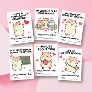 May include: Six Valentine's Day cards with hamster designs. Each card has a different pun, including "Have a Ham-azing Valentine!" and "I'm Wheel-y Glad We're Friends!" The cards also feature hearts and the words "Happy Valentine's Day".