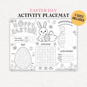 May include: Black and white Easter activity placemat with the text "Easter Day Activity Placemat". Includes a maze, word search, word scramble, and symmetry drawing activities. Features Easter-themed illustrations of a bunny, chick, and decorated eggs.