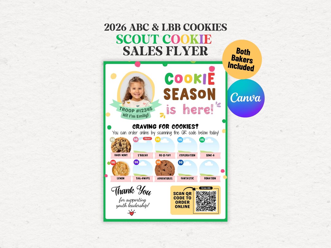 Girl Scout Cookie Flyer 2026 With QR Code, Editable ABC & LBB Cookies ...