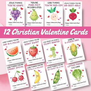 May include: Set of 12 Christian Valentine's Day cards with punny illustrations of fruits and vegetables. Each card features a different food item with a cute face and a Valentine's Day message. The cards are white with pink accents.