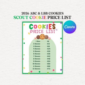 Hoja de precios para puestos de galletas Scout, letrero con precios de galletas, lista de precios imprimible para puestos de galletas, póster para exhibir en puestos de recaudación de fondos (descarga editable)