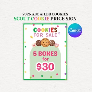 Scout Cookie Price Sign, Editable Booth Price Display Poster, 5 for 30 dollars sign, Printable Fundraiser Table Display (Instant Download)